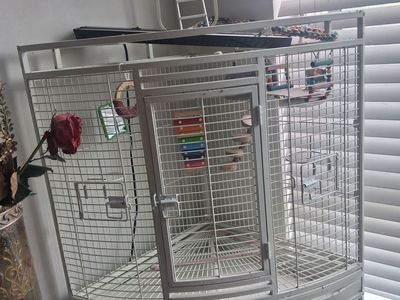 Large White Corner Bird Cage for Parrots - Good Condition, with Play Top
