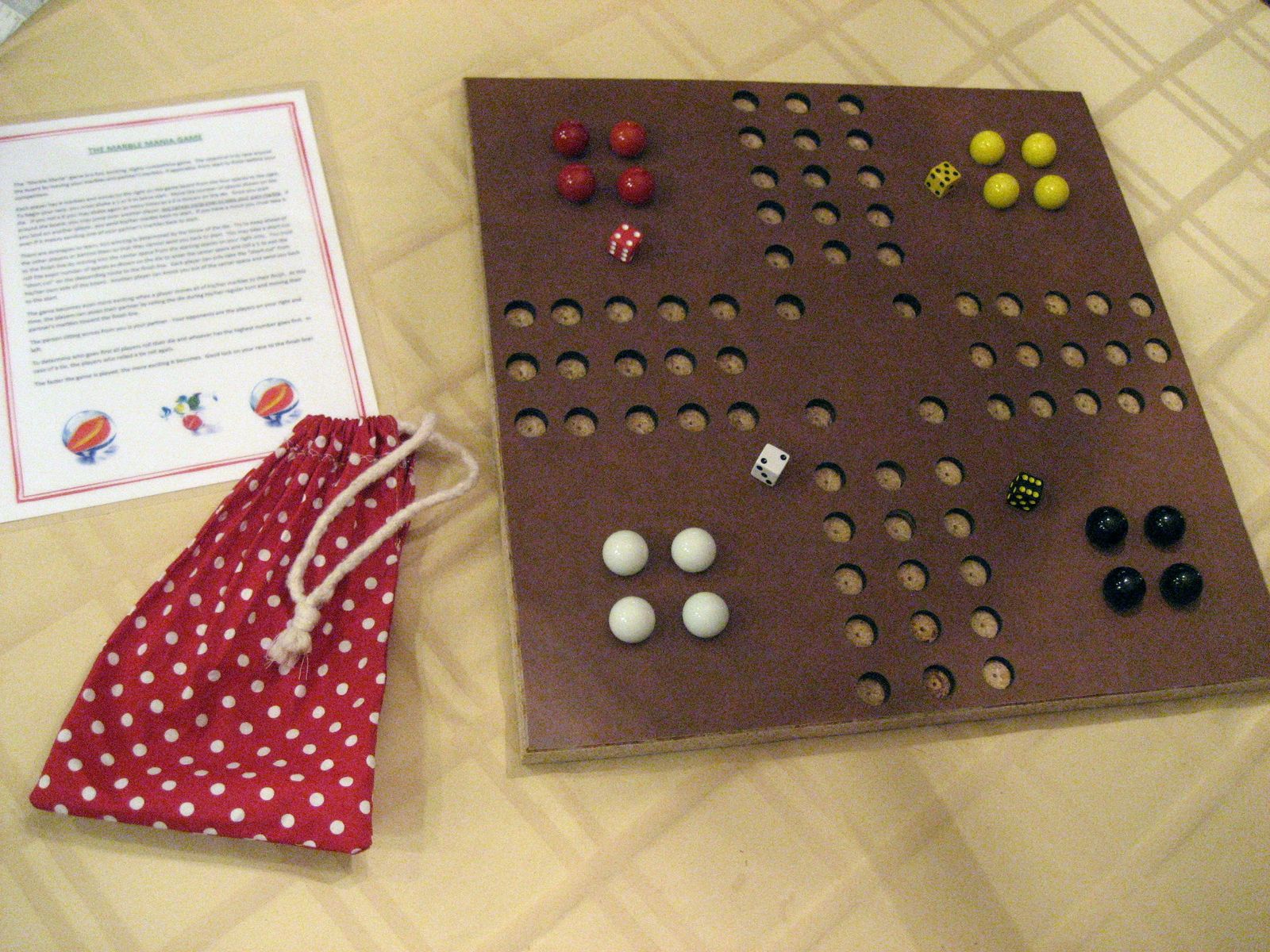 Hand Crafted "The Marble Murder Game" Board, marbles, dice, bag, Instructions