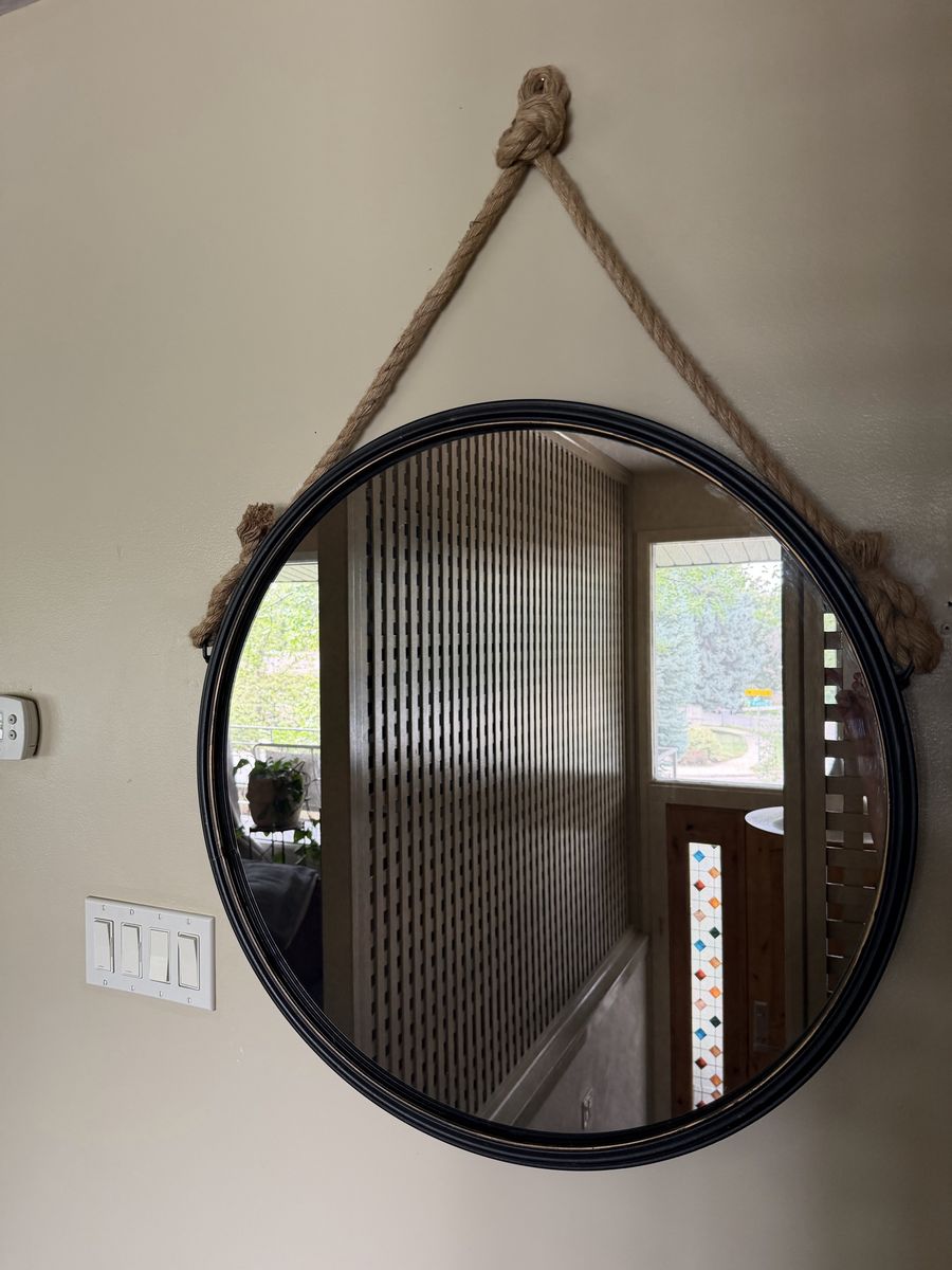 Large Round Wall Mirror with Rope Hanger - Industrial/Rustic Decor, Black Frame