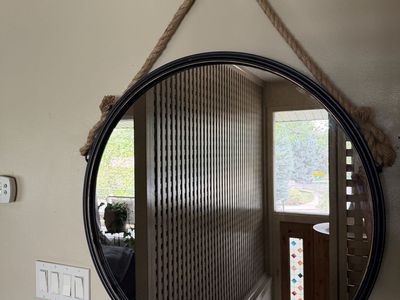 Large Round Wall Mirror with Rope Hanger - Industrial/Rustic Decor, Black Frame