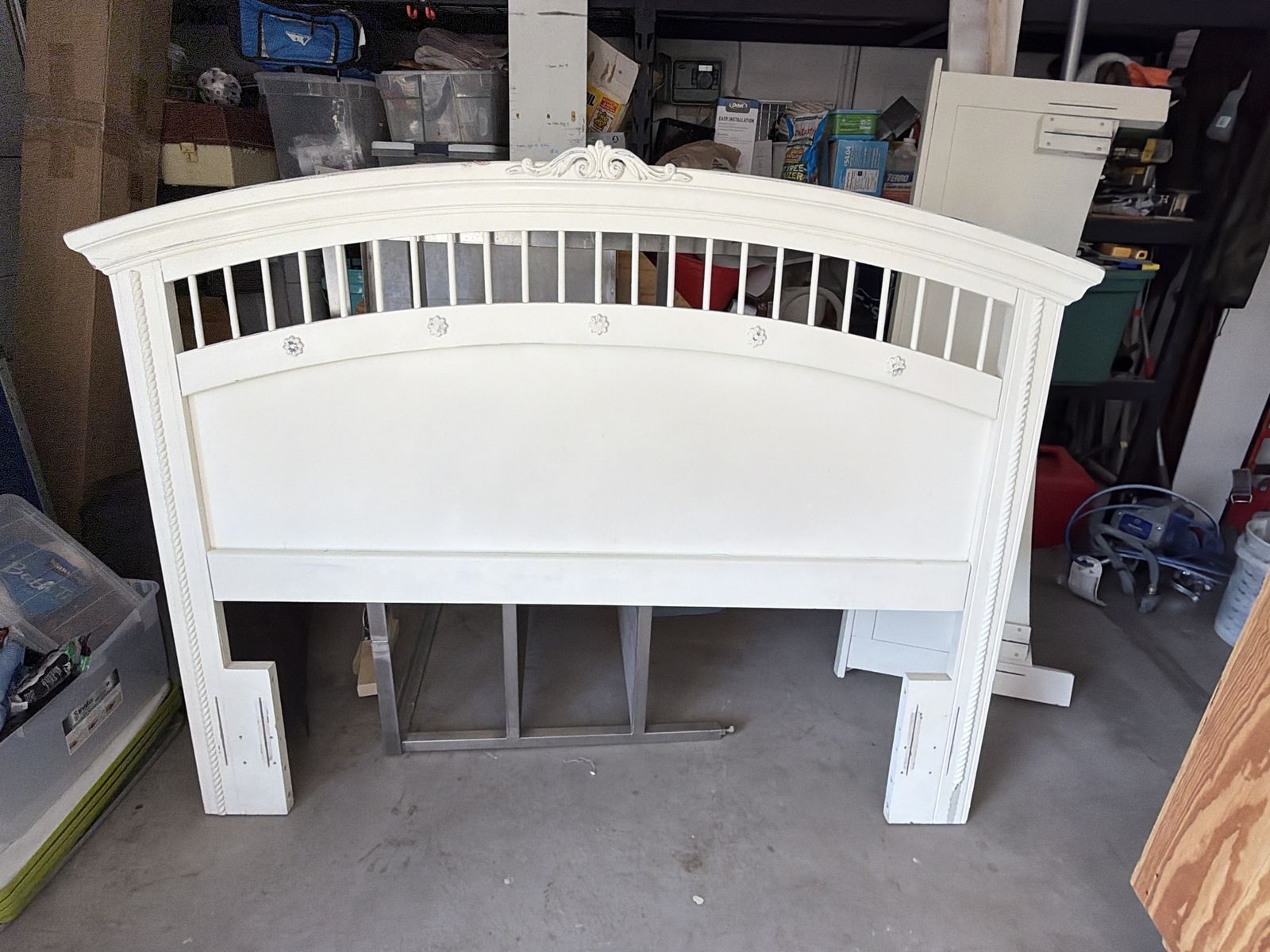 White Wooden Headboard with Decorative Carvings