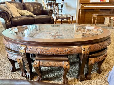 Hand carved oval Chinese antique coffee table + 6 stools