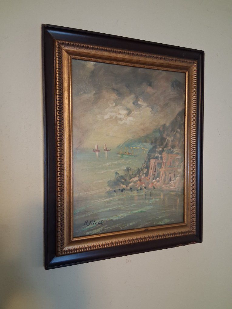 Vintage A. Ricci Framed Seascape Oil Painting, Coastal Village & Boats, Signed Art, 16x20 inches