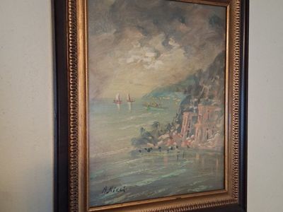 Vintage A. Ricci Framed Seascape Oil Painting, Coastal Village & Boats, Signed Art, 16x20 inches