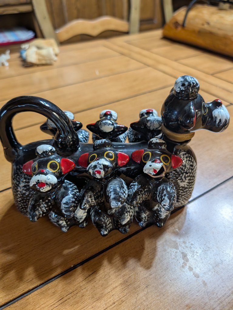 Vintage Ceramic Black Poodle Decanter Set with Puppy Shakers 1950's