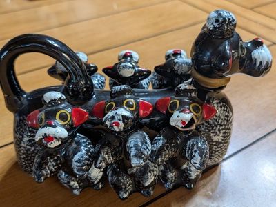 Vintage Ceramic Black Poodle Decanter Set with Puppy Shakers 1950's