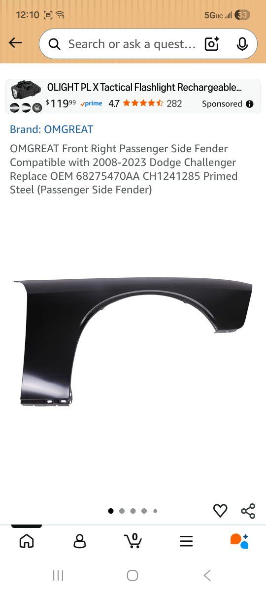 Dodge Challenger  Right Fender for 2008-2023