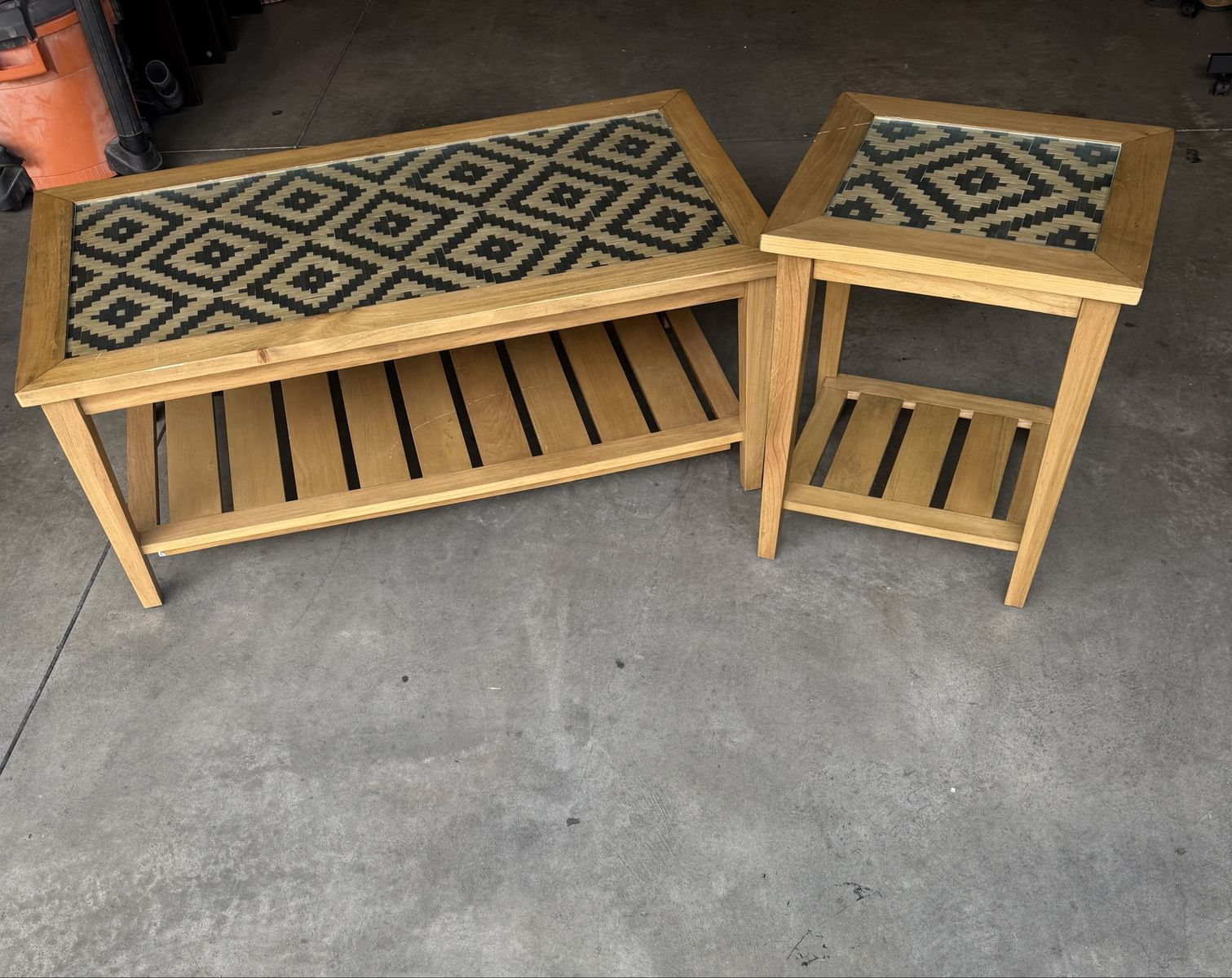 Unique Wood & Rattan Coffee Table & End Table Set - Glass Tops, Storage Shelf