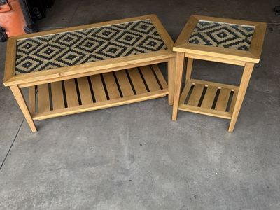 Unique Wood & Rattan Coffee Table & End Table Set - Glass Tops, Storage Shelf
