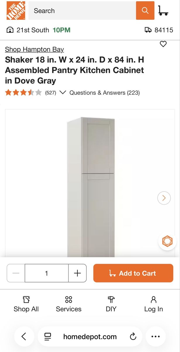 Hampton Bay Shaker 18x24x84" Dove Gray Assembled Pantry Kitchen Cabinet