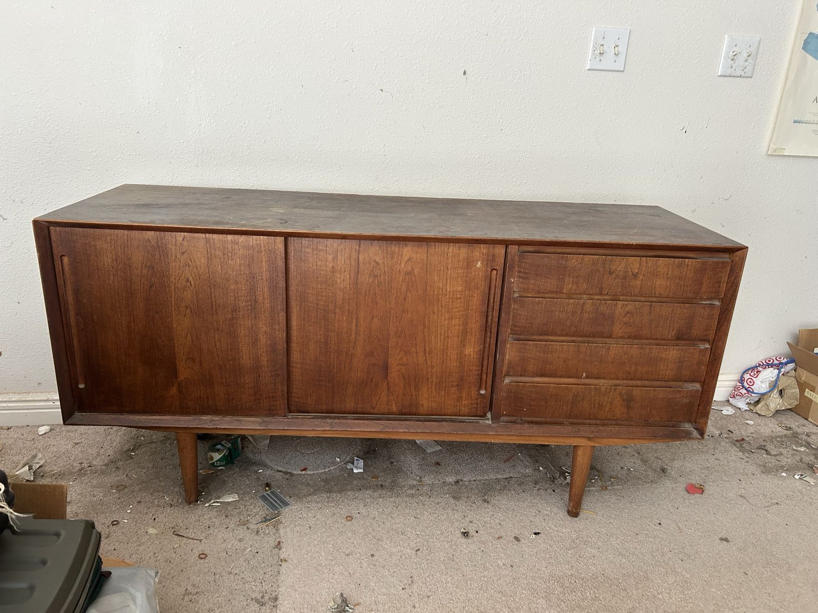Vintage Mid-Century Modern Wooden Credenza Sideboard with Sliding Doors and Drawers