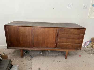 Vintage Mid-Century Modern Wooden Credenza Sideboard with Sliding Doors and Drawers