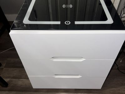 Modern White Nightstand with Wireless Charging & LED Light, 2-Drawer