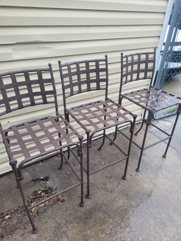 Set of 3 Wrought Iron Bar Stools - Brown, 29" Seat Height, Patio/Outdoor Ready