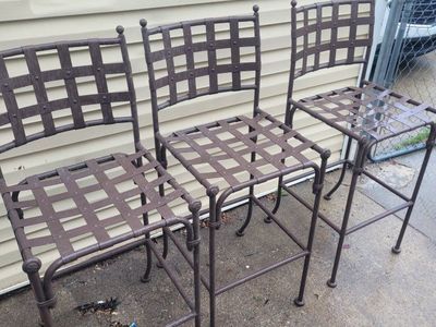 Set of 3 Wrought Iron Bar Stools - Brown, 29" Seat Height, Patio/Outdoor Ready