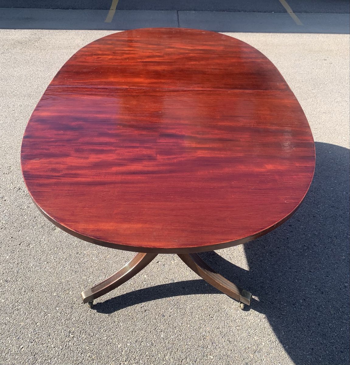 Vintage Duncan Phyfe style Oval Wooden Dining Table with Double Pedestal Base and Casters