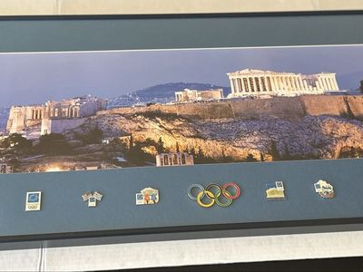 Athens 2004 Olympic Acropolis Framed Display with Olympic Pins – 39” Collectible Wall Art