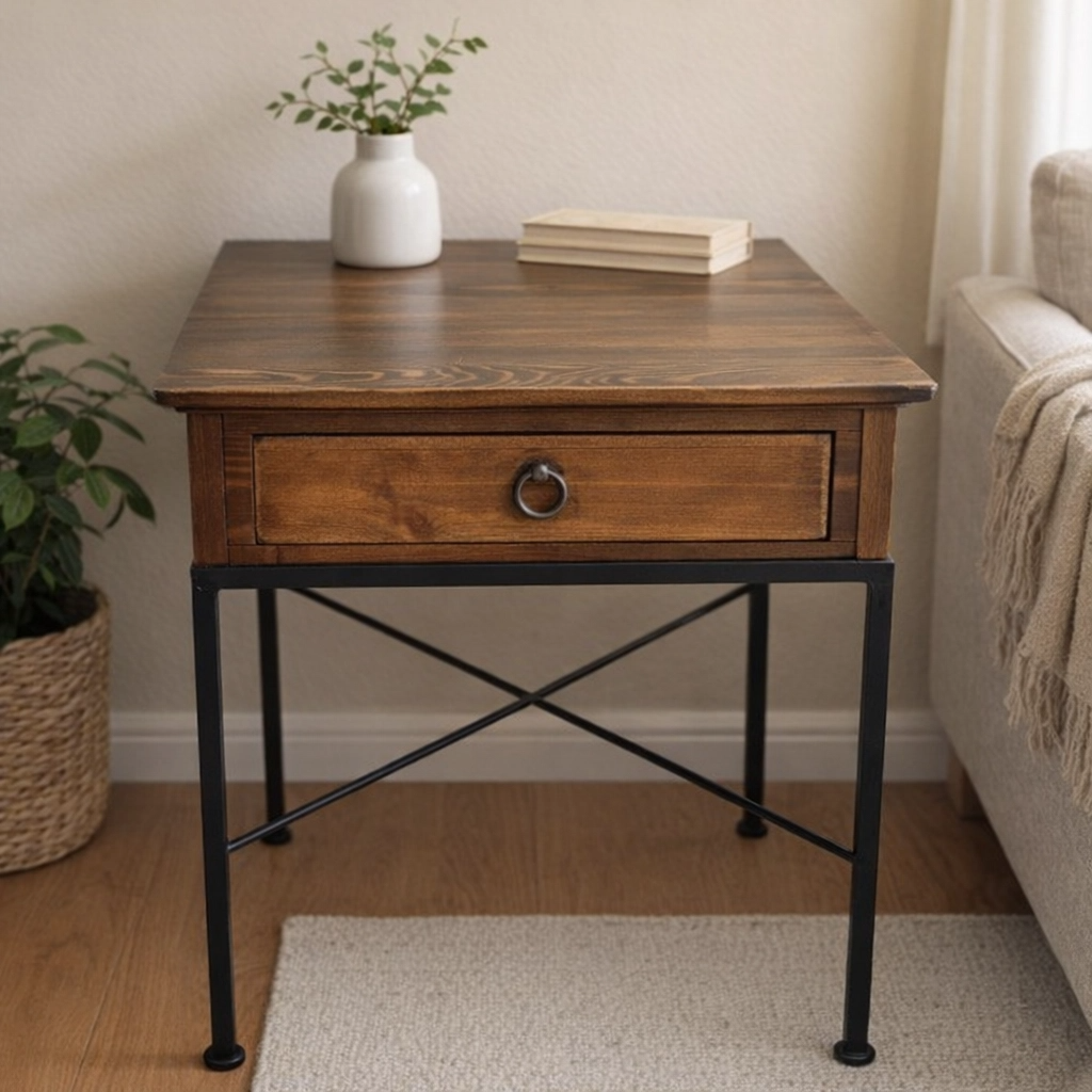 Wood & Iron Accent Table with Drawer – Refinished Walnut