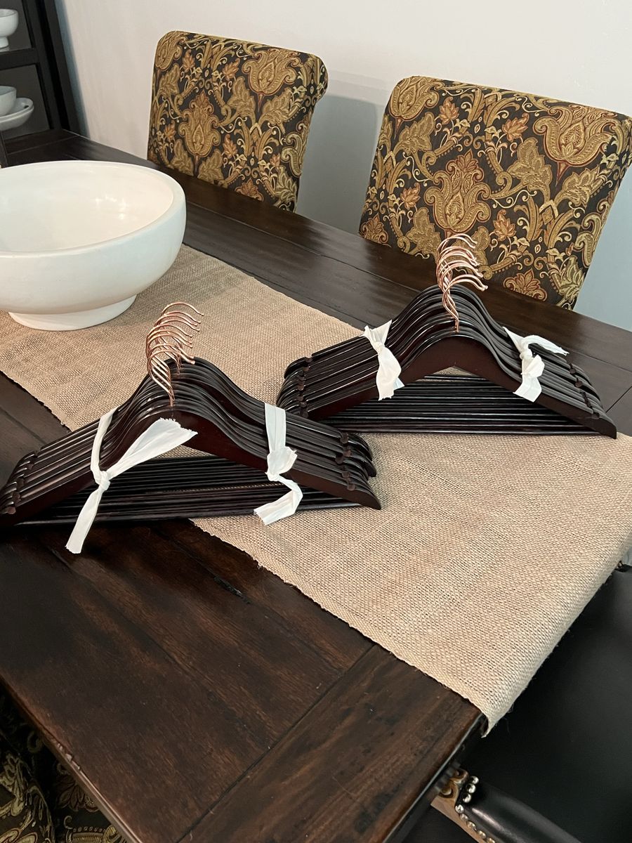 20 Dark Wooden Clothes Hangers with Rose Gold Metal Hardware