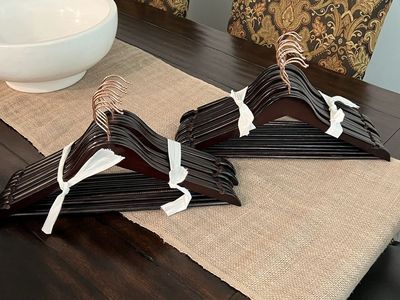 20 Dark Wooden Clothes Hangers with Rose Gold Metal Hardware
