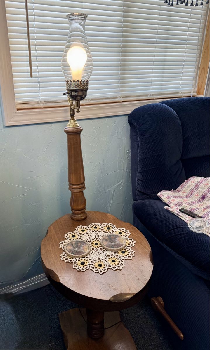 Vintage Wooden Accent Table with Hurricane Lamp