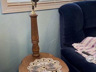 Vintage Wooden Accent Table with Hurricane Lamp