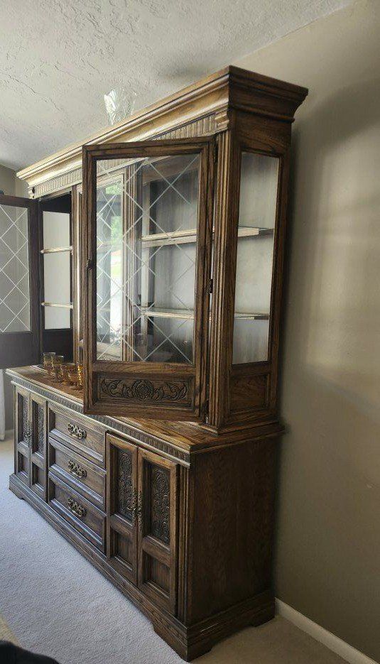 Vintage Oak China Cabinet with Glass Doors and Storage Drawers