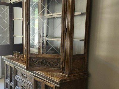 Vintage Oak China Cabinet with Glass Doors and Storage Drawers