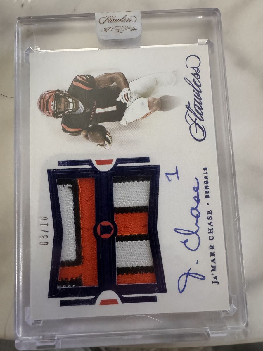 2021 Panini Flawless Ja'Marr Chase Rookie Patch Autograph numbered 03/10.