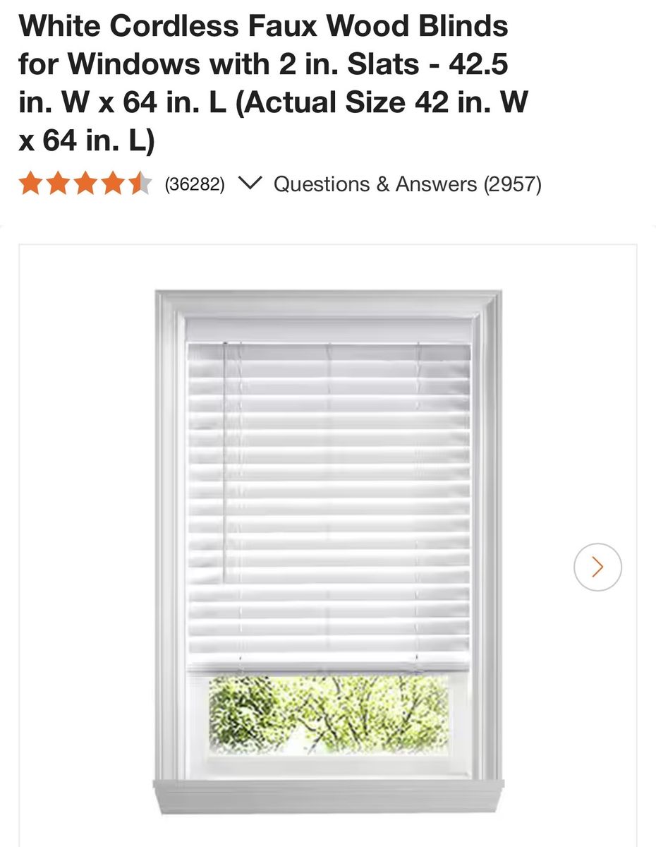 White Cordless Faux Wood Blinds - 42.5 in. W x 64 in. L with 2 inch Slats