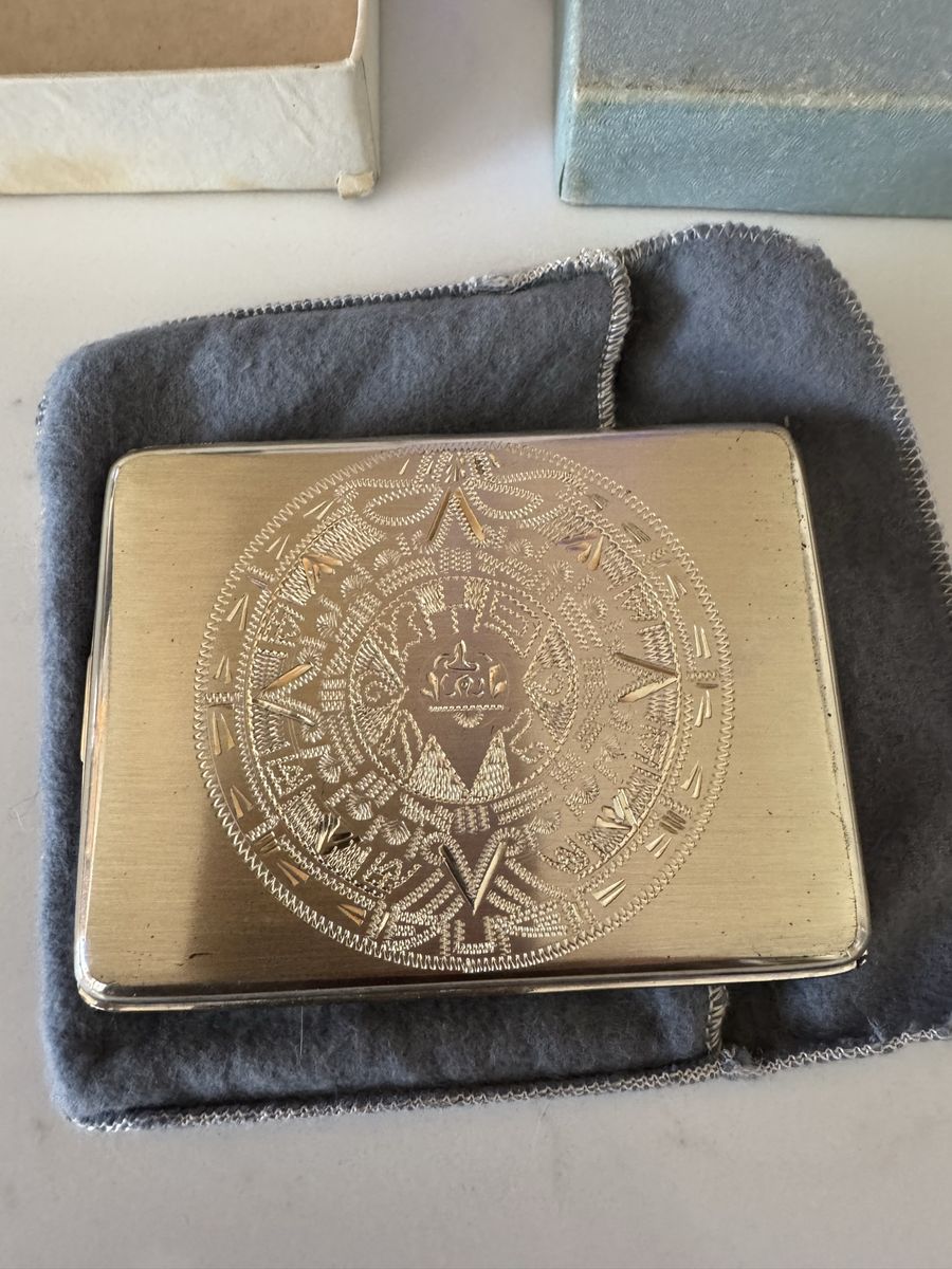 La Tipica Sterling Silver Cigarette Case w/ Aztec Calendar Design, Vintage Mexico