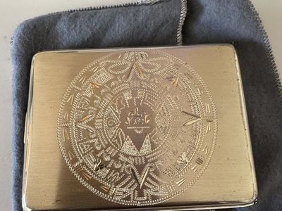 La Tipica Sterling Silver Cigarette Case w/ Aztec Calendar Design, Vintage Mexico