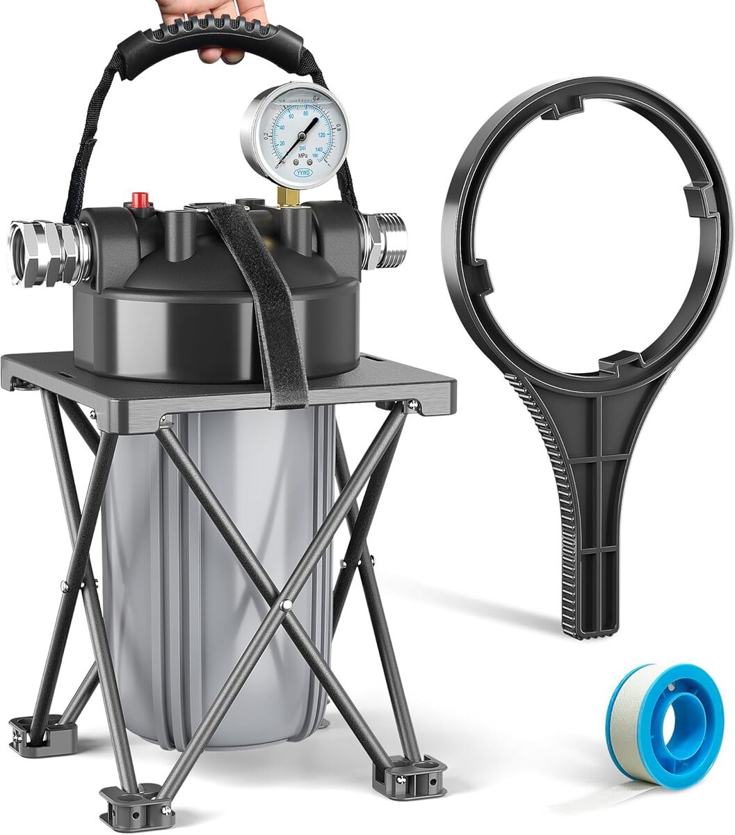 Brand New in Box, 6-Layer RV Water Filter with Stand and 0.5 Micron Filtration, 3/4 GHT Metal Threads Garden Hose Water Filter