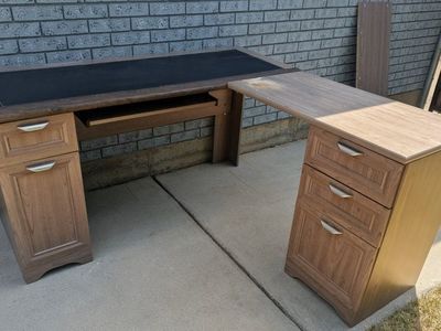 Large Wood Desk with Black Leather Top, Keyboard Tray, and 3-Drawer Filing Cabinet