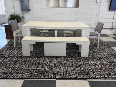 TRANSFORMER EXTENDABLE DINING TABLE W/ 2 BENCHES, 2 CHAIRS, & COFFEE TABLE, CANADIAN BIRCH COLOR!!
