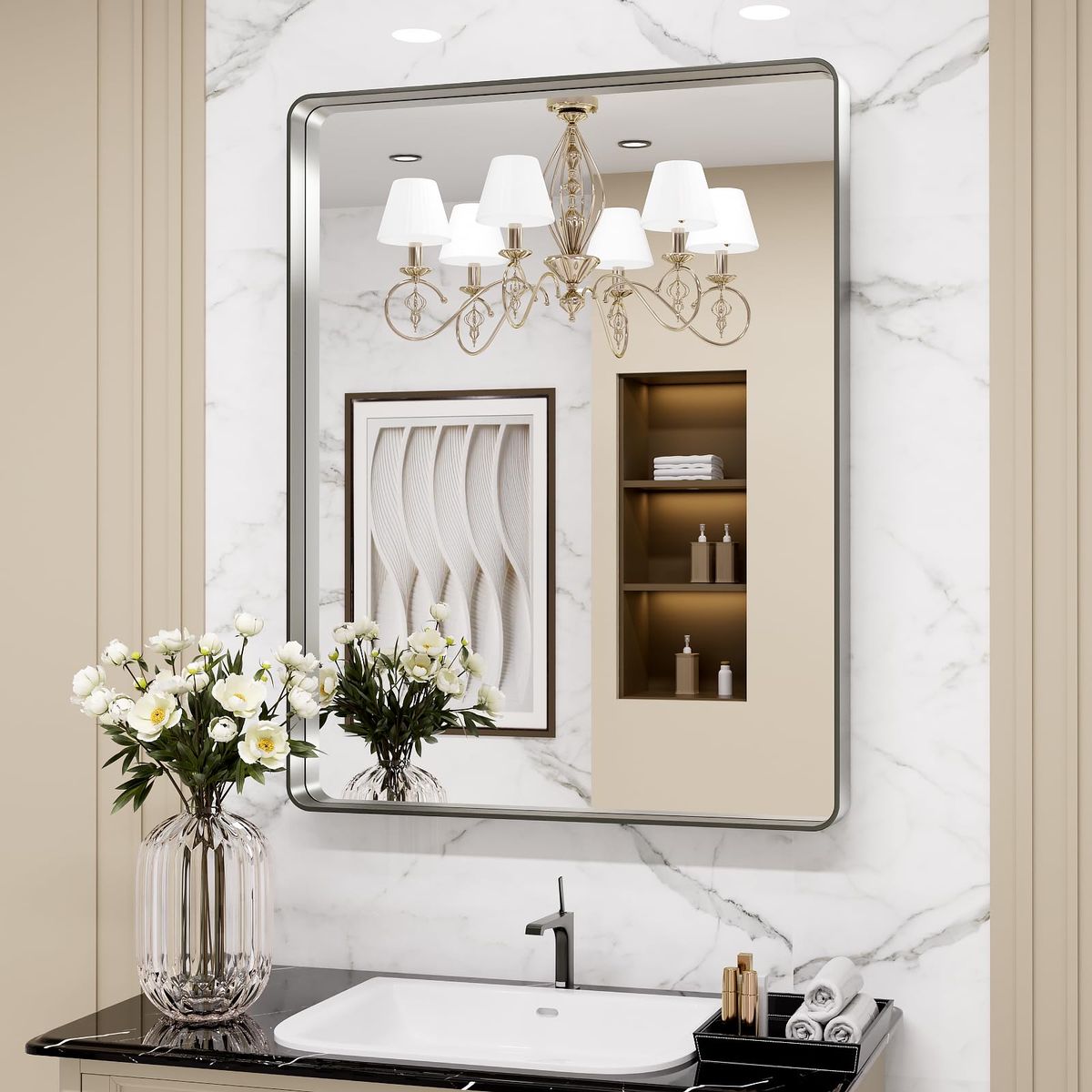 Large Rectangular Wall Mirror, 24x36 Inch, Brushed Aluminum Alloy Frame, Tempered Shatter-Proof Glass