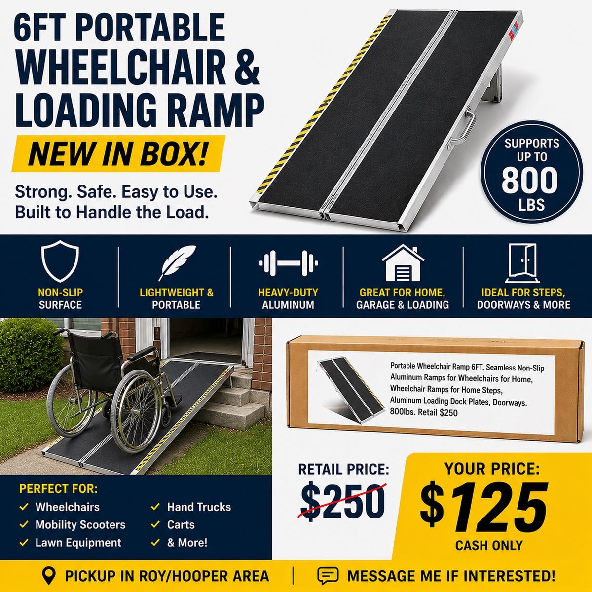 6FT Portable Wheelchair scooter & Loading Ramp - NEW IN BOX 800lbs cap