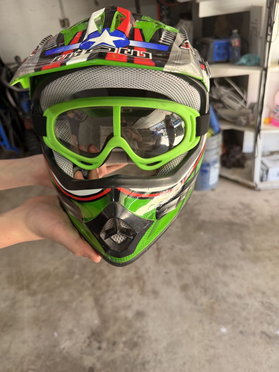 Youth motocross helmet, goggles, pants, and gloves set