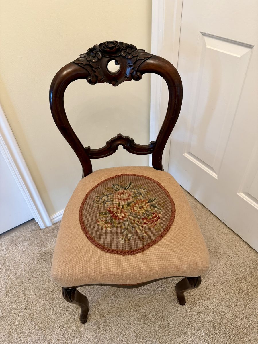 Antique Victorian Balloon Back Chair, Carved Rose Crest, Floral Needlepoint Seat