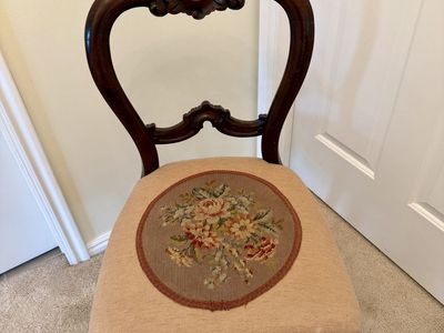 Antique Victorian Balloon Back Chair, Carved Rose Crest, Floral Needlepoint Seat