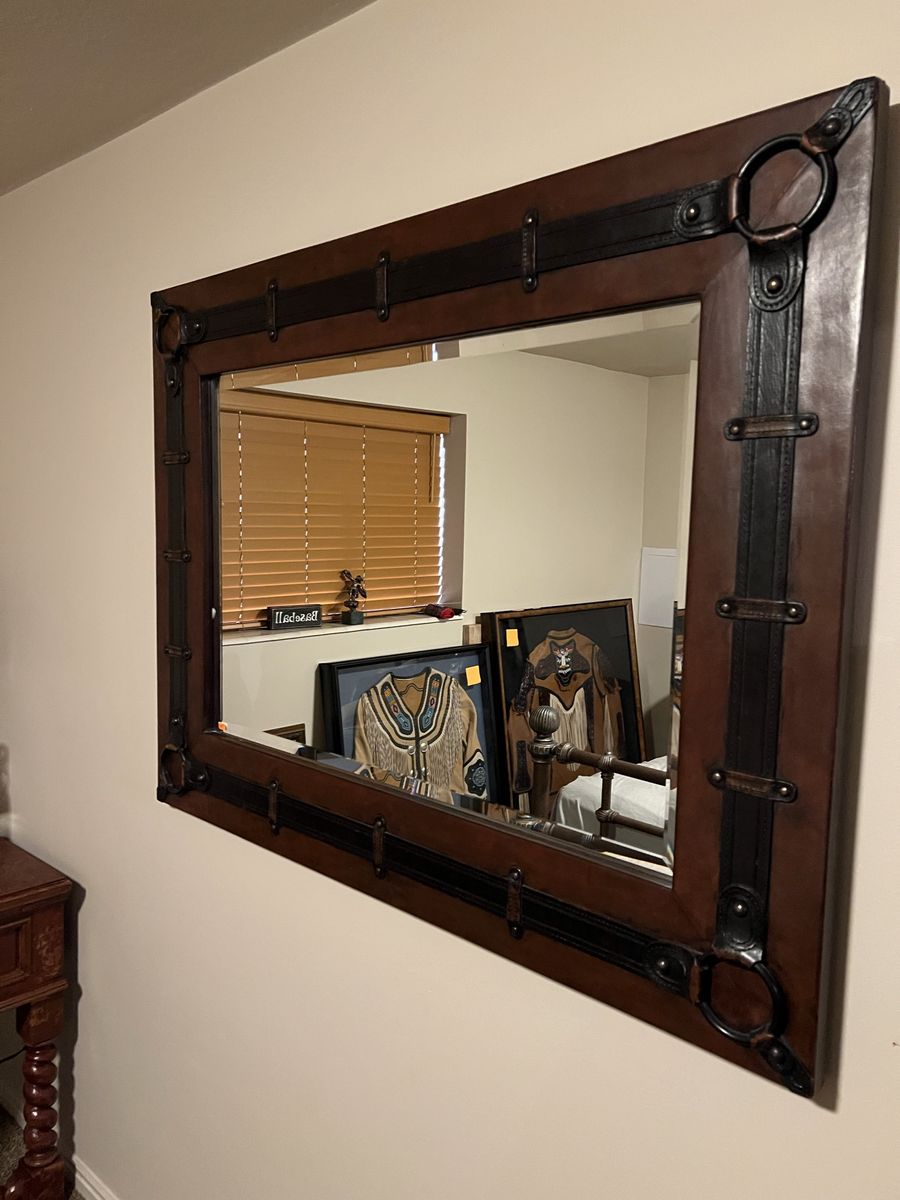 Decorative Wall Mirror - Rustic Brown Wood & Metal Frame, Accent Decor