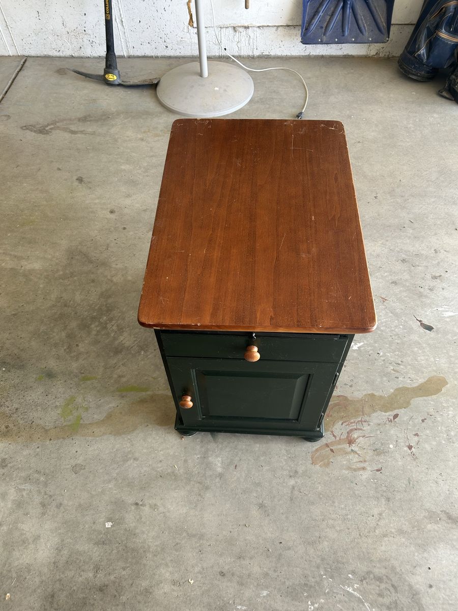 Wooden Side Table / Nightstand with Drawer & Cabinet Storage - Dark Green & Wood Top