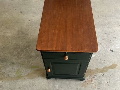 Wooden Side Table / Nightstand with Drawer & Cabinet Storage - Dark Green & Wood Top