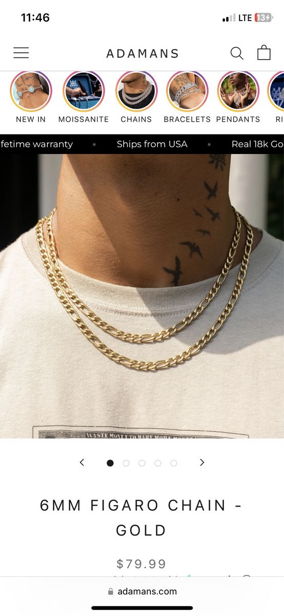 ADAMANS Gold 6mm Figaro Chain Necklace - Real 18K Gold Plated, Lifetime Warranty