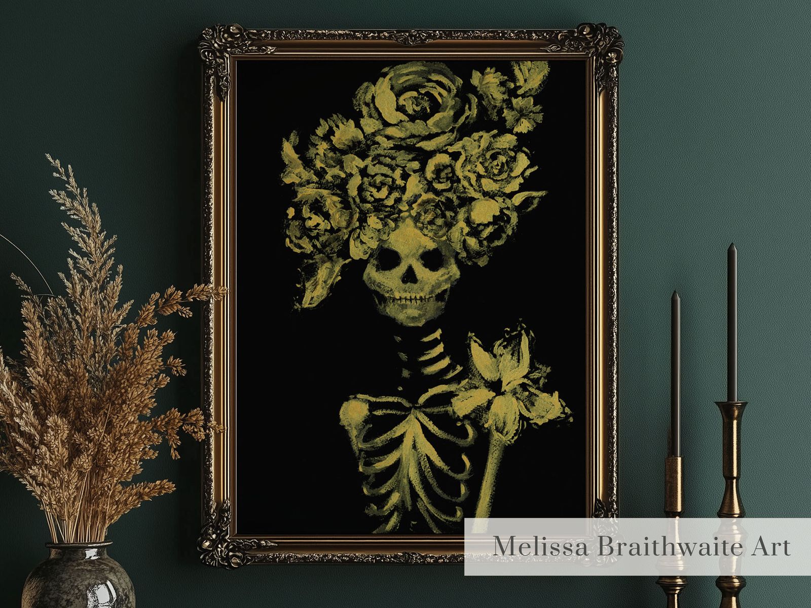 Flower Crown Skeleton Art Print: Gold Skull on Black Ink, Multiple Sizes