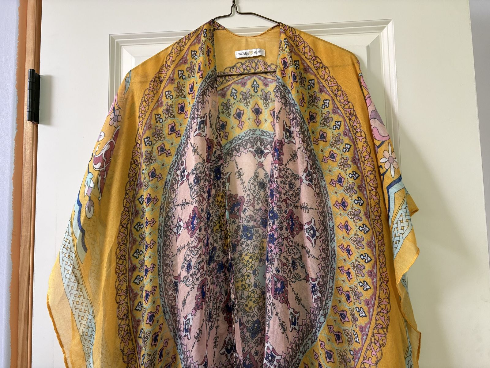 Woven Heart Yellow Open-Front Kimono Duster