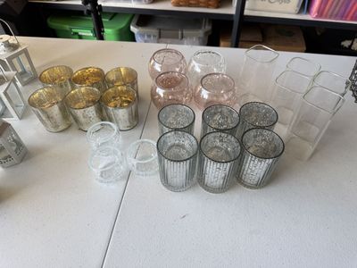 Assortment of 32 miscellaneous votive Candle Holders and Lanterns - Mixed Lot, Glass & Small Metal Decor