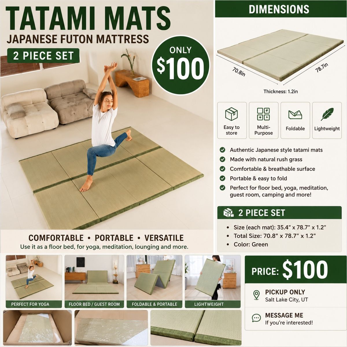 Tatami Mats Japanese Futon Mattress 2 Piece Set Green