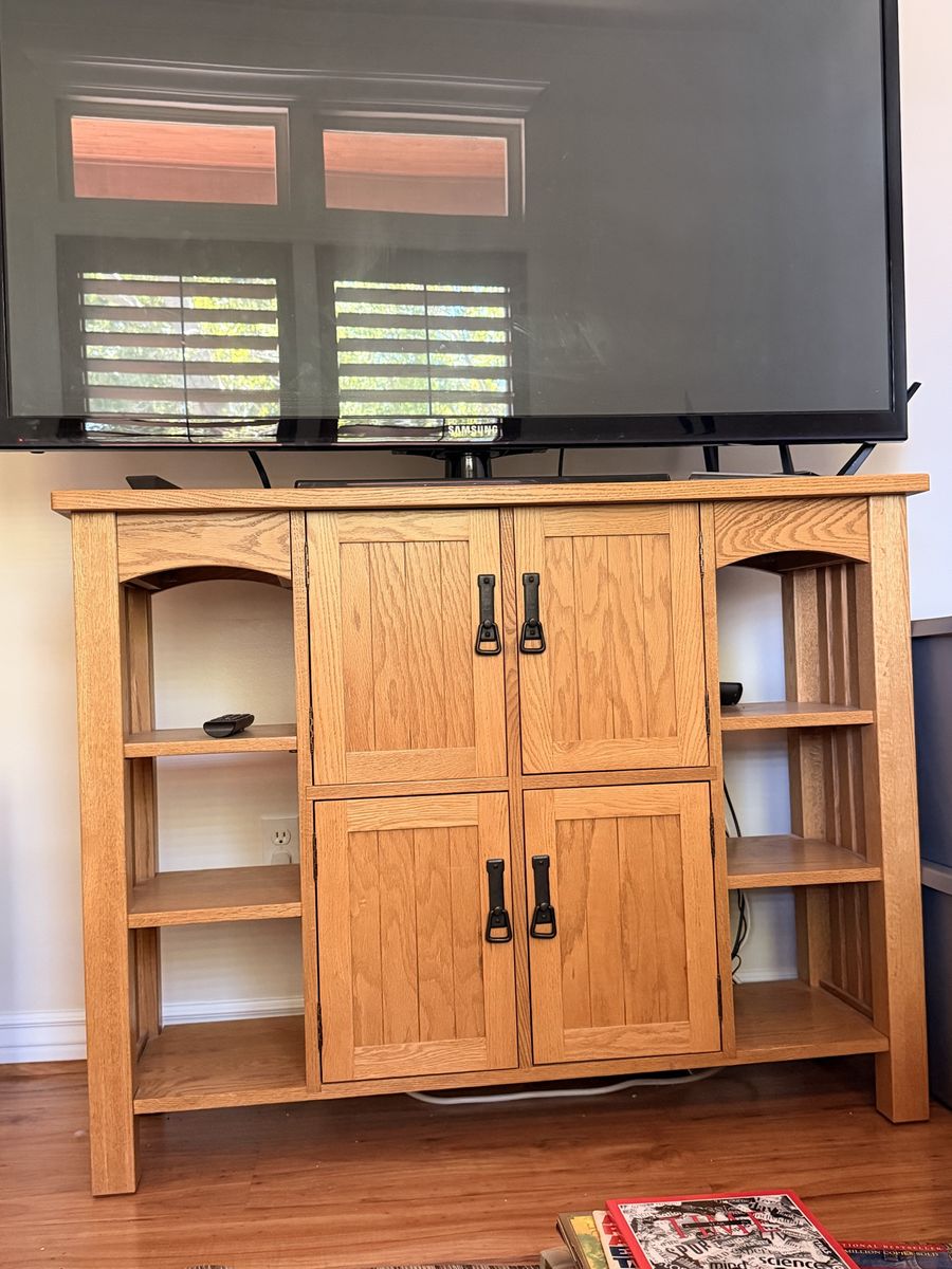 Solid Oak Wooden Media Console TV Stand with Cabinets and Shelves