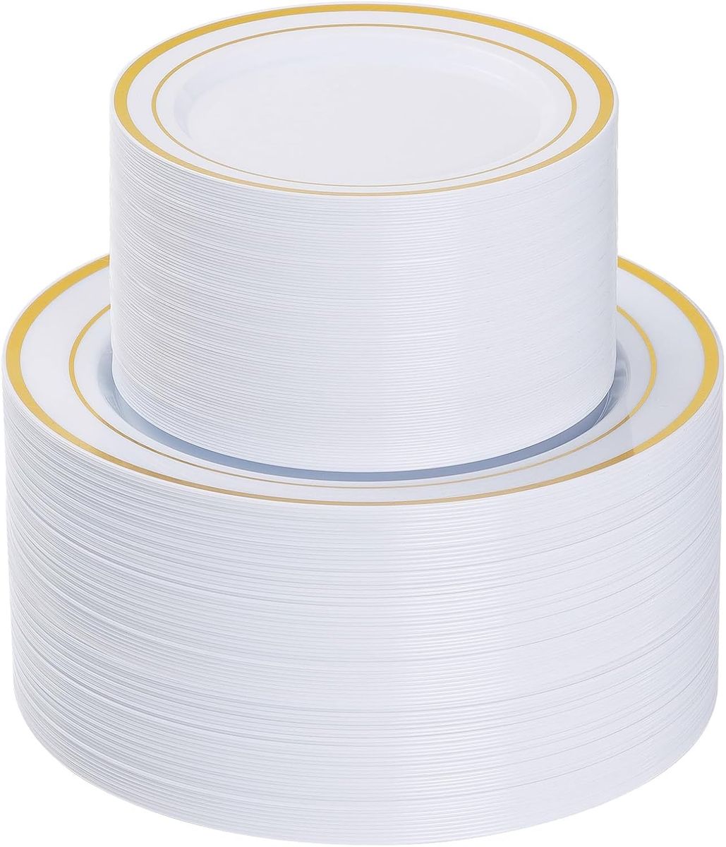 200 Pack Plastic Plates White with Gold Rim (100 Dinner & 100 Salad Plates)